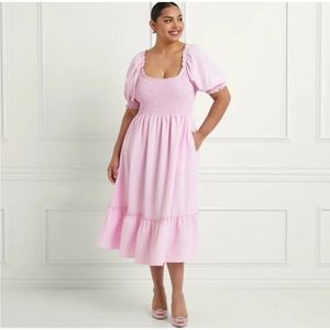 HILL HOUSE Pink Smocked Puff Sleeve Midi The Louisa Nap Dress NWT Size Large